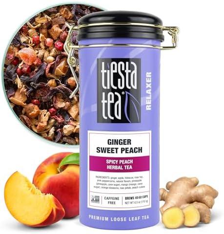 2 Pcs Tiesta Tea - Ginger Sweet Peach, Loose Leaf, Spicy Peach Herbal Tea, Tranquility Non-Caffeinated Blend, Bulk Hibiscus Leaves with Cane Sugar, Brews Up to 50 Cups, 6 Ounce Refillable Tin