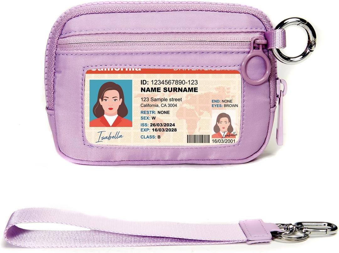 Keychain Wallet for Women Mini Zip Card Holder with ID Window Coin Purse Detachable Wristlet Small Wallets Light Purple