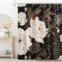 Black Gold White Floral Shower Curtains, Waterproof Fabric Watercolor Black Flowers Bathroom Boho Shower Curtain with 12 Hooks, Black Gold Plant Leaf Shower Curtain 72 x 72 Inch