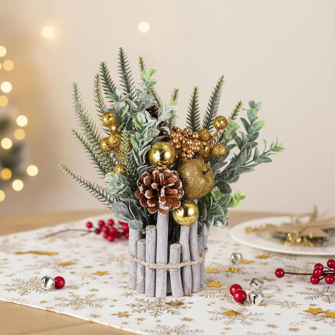 12 Inch Tabletop New Year Centerpiece Decor Artificial Christmas Tree with Pine Cone Berry Greenery Housewarming Gifts for Winter Indoor Fireplace Mantel Decor(Gold,1)