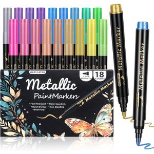 18Pcs Metallic Markers Pens, Glitter Marker Pens & Acrylic Paint Pens for Rock Painting, Glass, Wood, Fabric, Glitter Markers for Adults DIY Crafts, Drawing, Birthday Gift, Black Paper, Scrapbooking