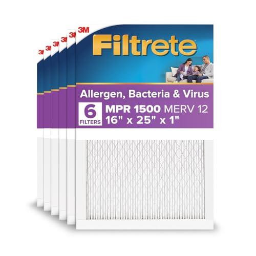 Filtrete 16x25x1 AC Furnace Air Filter, MERV 12, MPR 1500, CERTIFIED asthma & allergy friendly, 3 Month Pleated 1-Inch Electrostatic Air Cleaning Filter, 6-Pack (Actual Size 15.69x24.69x0.78 in)