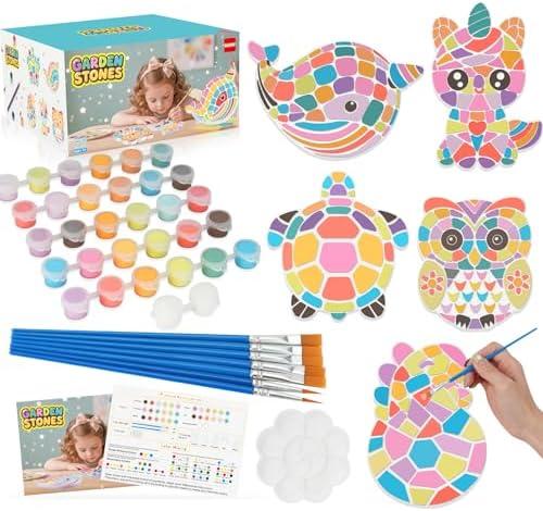 QANIY Stepping Stones Painting Kit for Kids Ages 4-12,5 Pack Outdoor Garden Stone Crafts,Outdoor Art & Craft Activity Set, Creative Gift for Boys & Girls (Art)