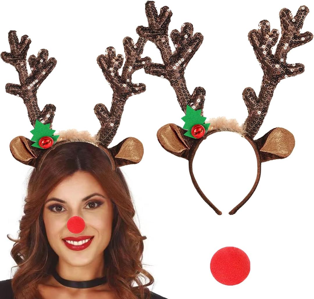 Reindeer Antlers Headbands with Red Nose, Christmas Sequin Reindeer Headbands with Bells Antler Xmas Party Headwear Accessories for Women Girls Kids