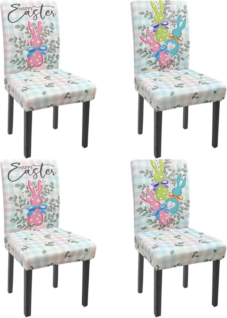 Rcvlauf Easter Chair Covers Set of 4 Easter Buffalo Plaid Bunny Spring Stretch Parsons Chair Slipcovers for Easters Dining Room Decor Chairs Seat Protectors (Colorful Rabbit, 4PCS)