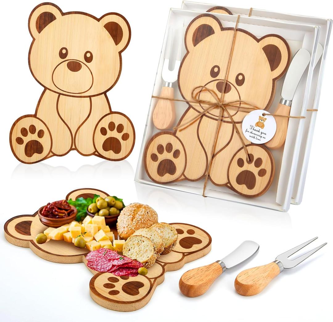 2 Set Baby Shower Prizes Bear Shaped Cheese Board with Cheese Knives and Forks Baby Shower Party Favors Gift Box for Wedding Bridal Birthday Gender Reveal Favor (Bamboo Color)