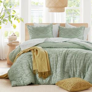 Comfort Spaces Comforter for King Size Bed, Geometric Diamond Tufted Boho Comforter Set, All Season Lightweight Bedding Set, Matching Sham, King/Cal King Sage Green 3 Piece