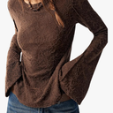 MakeMeChic Women's Lace Bell Sleeve T Shirt Crew Neck Textured Vintage Tee Tops (XS)