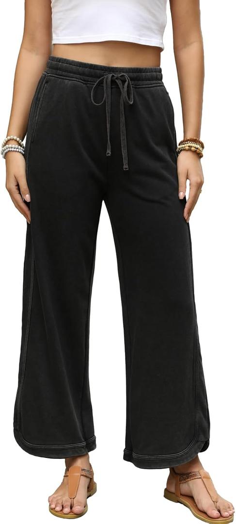 Gnveub Women's Yoga Pants Lightweight Wide Leg Sweatpants High Waisted Drawstring Loose Lounge Pant with Pockets (Medium, Black)