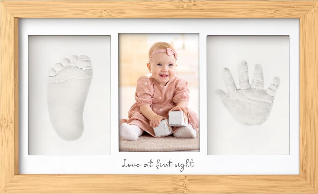 Baby Hand and Footprint Kit - Clay Handprint Keepsake Frame, Newborn Nursery Picture Frame, Personalized New Mom Gifts for Baby Shower & Registry (Bamboo) (Duo Frame, 13" x 7.9", Bamboo)