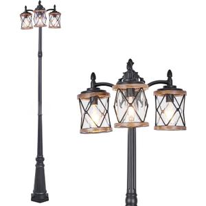 Dusk to Dawn Outdoor Lamp Post Lights with GFCI Outlet,3-Head Farmhouse Street Light Fixture,Aluminum Black Pole Exterior Lights, Waterproof Lantern Outdoor Lighting for Garden,Backyard,Driveway