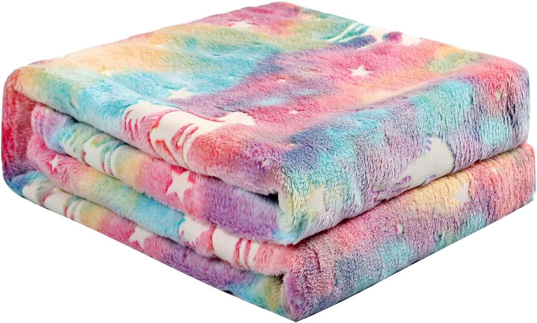 Glow in The Dark Blanket Unicorns Gifts for Kids Throw Luminous Blanket Soft Flannel Blanket Toys for 1-10 Year Old Girls Birthday Christmas Thanksgiving (Rainbow, 50" x 60")