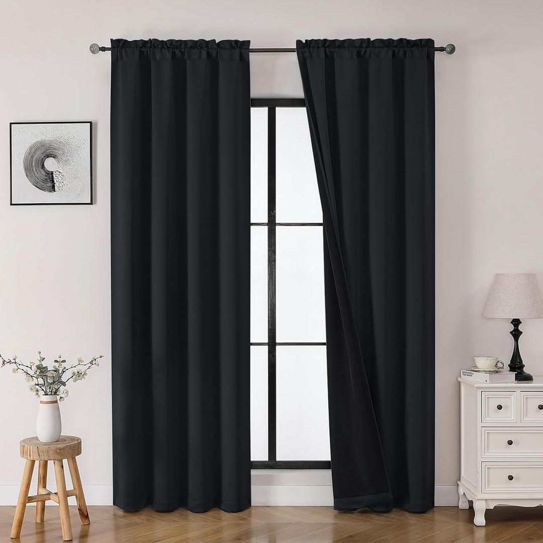OWENIE Heidi Black Curtains 84 Inch Long 2 Panels Set for Living Room Bedroom, Light Filtering Solid Fabric Window Curtains Drapes, Elegant Rod Pocket Curtains, 2 Pcs Each 40" W 84" L (40"W x 84"L (Pack of 2), Black)