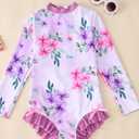 IZYJOY Girl Long Sleeve Swimsuits Ruffle One Piece Rash Guard Bathing Suits Kids Floral UPF 50+ Zipper Swimwear 7-12Y