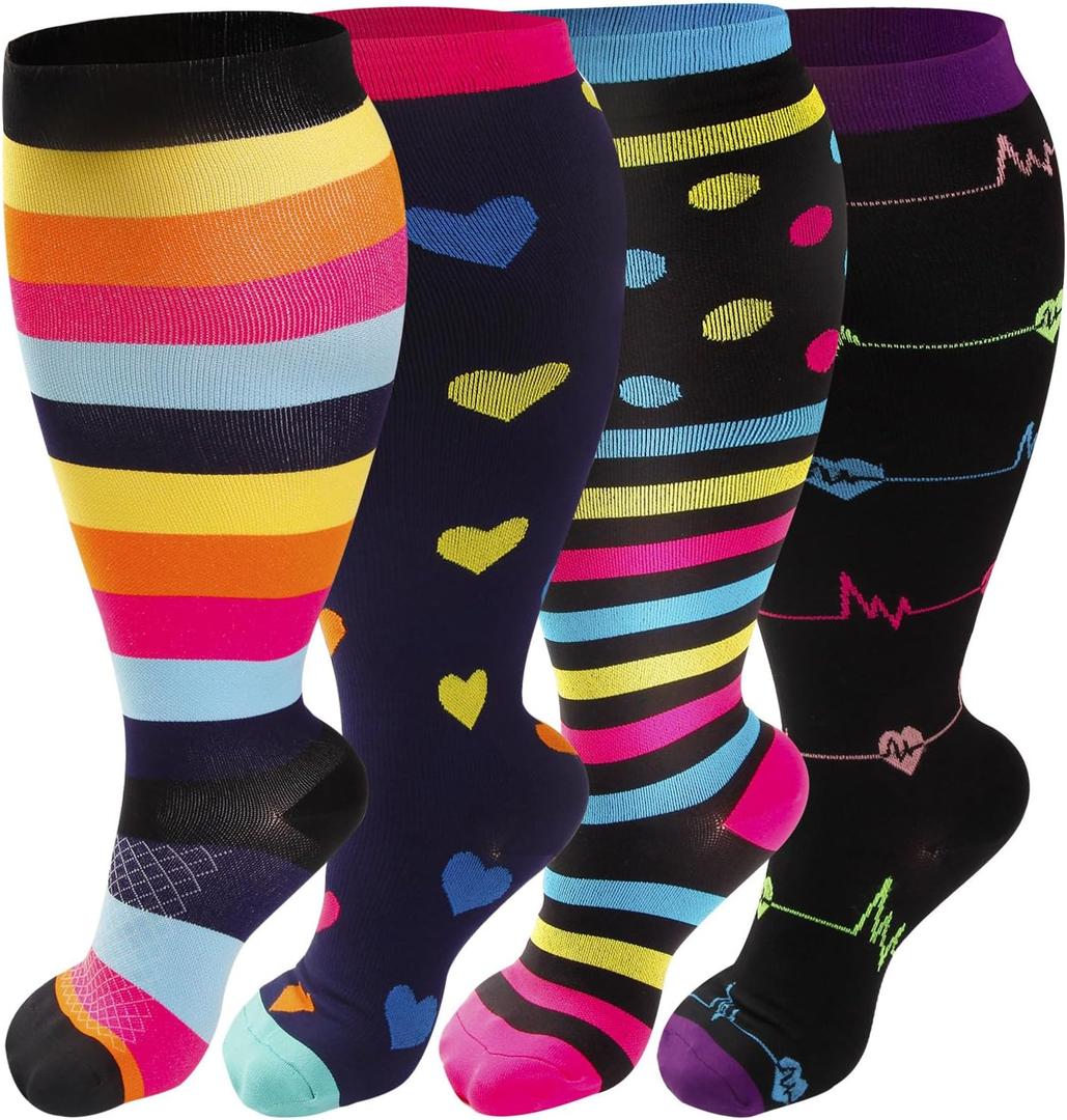 4 Pairs Plus Size Compression Socks for Women & Men, Extra Wide Calf 20-30 mmhg Knee High Compression Stockings for Circulation Swelling Support (2X-Large)