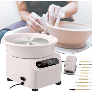 25CM Pottery Wheel Forming Machine, 350W Electric DIY Clay Tool with Foot Pedal and Detachable Basin for Ceramic Work Art Craft,White-110V