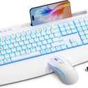 White Keyboard and Mouse Wireless Combo, 4000mAh Rechargeable Backlit Quiet Keyboards mice Set, USB Ergonomic Key Board with Wrist Rest & Phone Holder for PC, Mac, Windows, Natural Soft Typing