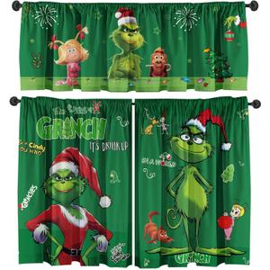 SUNWISHA Christmas Curtain Valance Set - Green Funky Whimsical Holiday Scene with Puppies/Stars/Lights - Playful Kitchen/Bedroom Decor - Upper & Lower Curtains, 52'' L x 18'' W & 36'' L x 26'' W