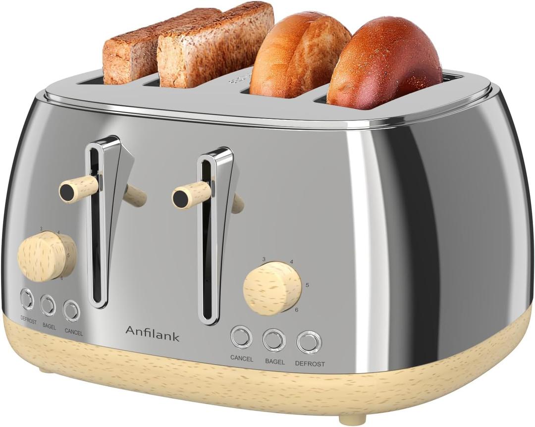 Anfilank Toaster 4 Slice,Retro Stainless Steel Toaster with Extra Wide Slots, Dual Independent Control Panel, Cancel, Bagel, Defrost Function, Removable Crumb Tray (Silver)