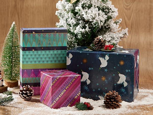 LaRibbons Christmas Wrapping Paper Rolls with Cutlines, 30Inch × 10Feet, 8 Rolls: 200 sq.ft.ttl, World Peace Motif and Matte Gold Silver Black Gift Wrapping Paper Bundle for Christmas, Holiday, Party