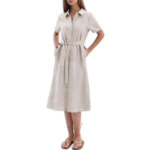 Amazhiyu Womens Pure Linen Dress, Short Sleeve Casual Button Down Linen Dresses, Midi Shirt Dress with Pockets and Removeable Belt, Linen, S