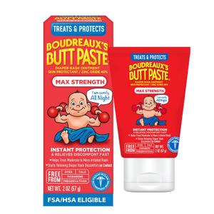 Boudreaux’s Butt Paste Max Strength Diaper Rash Cream for Baby, Ointment With Zinc Oxide, 2 oz Tube Exp 04/2026