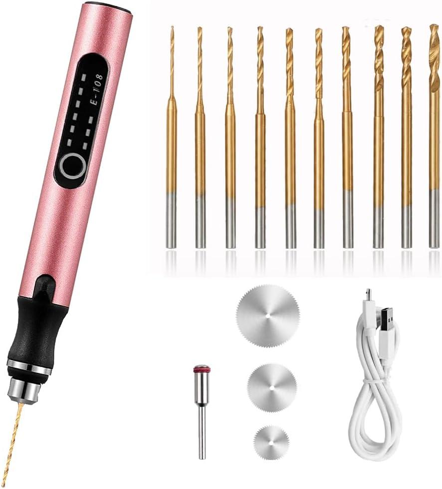 3-Speed Cordless Mini Drill Pen With 10 Small Drill Bits, Rechargeable Electric Hand Drill Pin Vise, Resin Drill Set For Jewelry Making, Resin, Plastic, Wood, Keychains DIY (PINK)