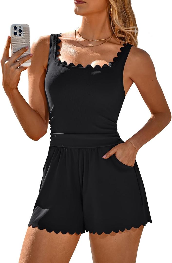 Charmo Scalloped Cute Romper Swimsuit for Women 2026 Tummy Control One Piece Bathing Suit Modest Swimsuit with Shorts S