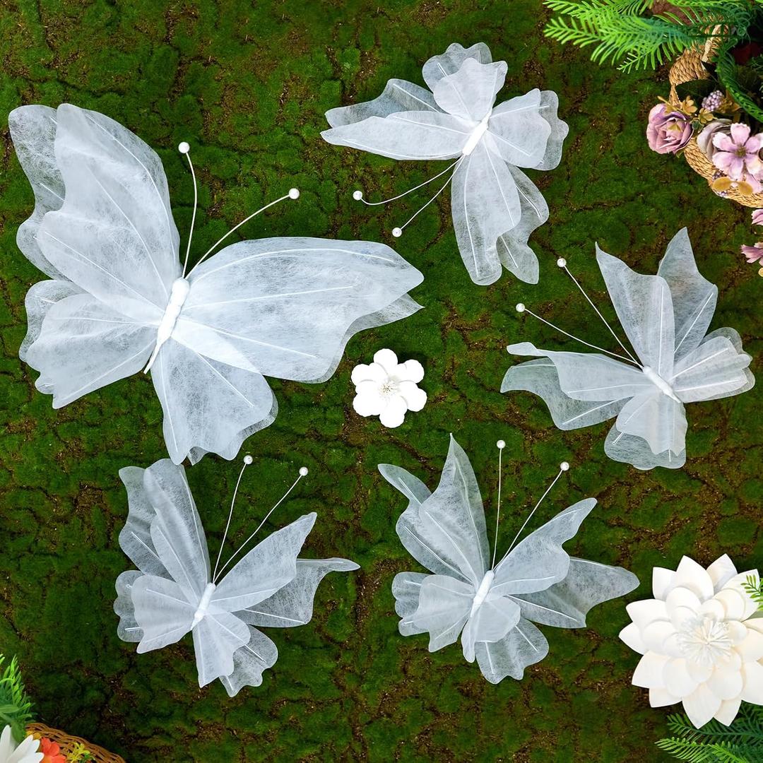 OBBOLO 3D Hanging Butterfly Decorations, White Butterfly Birthday Party Decorations, 5 Pcs Water-Repellent Paper Butterfly Hanging Decorations for Girls, Women, Flower Garden Party Dcor