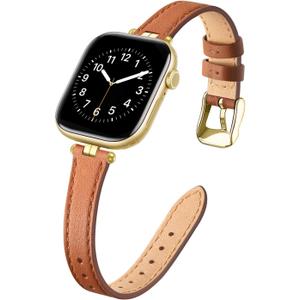 STIROLL Thin Leather Band Compatible with Apple Watch Bands 49mm 46mm 45mm 44mm 42mm (Series 3/2/1) Women, Stylish Top-Grain Leather Strap Slim Wristband for iWatch SE3/2/1 Series 10 9 8 7 6 5 4 Ultra, Brown/Gold