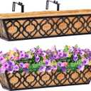 Y&M 6Pcs 24 Inch Window Deck with Coconut Coir Liner, 24" Railing Planter Horse Trough Coco Basket Boxes Metal Hanging Flower Balcony for Outdoor Garden Fence Lawn