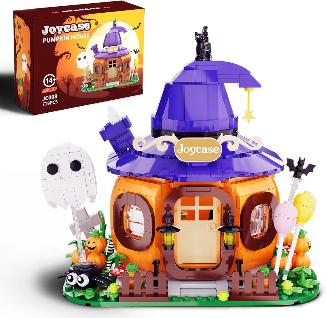 Halloween Pumpkin House Building Kit, Whimsical Halloween Building Set Dcor with Adorable Ghost and Pumpkin Toys, Cute Halloween Party Gift, Halloween Building Bricks Compatible with Lego