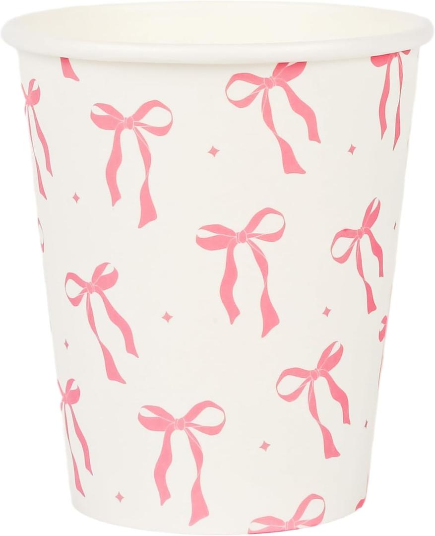 100Pcs Pink Bow Paper Cups Bowknot Party Cups 9oz Pink and White Disposable Coffee Cups for Birthday Bachelorette Wedding Birthday Bridal Baby Shower Party Supplies