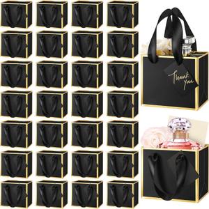 Yeaqee 50 Pcs Mini Metallic Gift Bags with Handles 4x4.75x2.25'' Tiny Thank You Favor Bag with Tag for Women's Day St. Patrick's Wedding Spring Easter Welcome Baby Shower Birthday (Black,Gold)