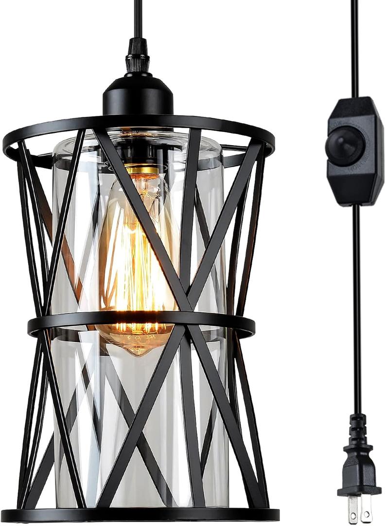 HMVPL Farmhouse Plug in Pendant Light, Outdoor Swag Lamp with Plug in Cord On/Off Dimmer, Plug in Hanging Light Fixture for Dining Room Bedroom Kitchen Island(1 Pack) (Cylinder, Black)