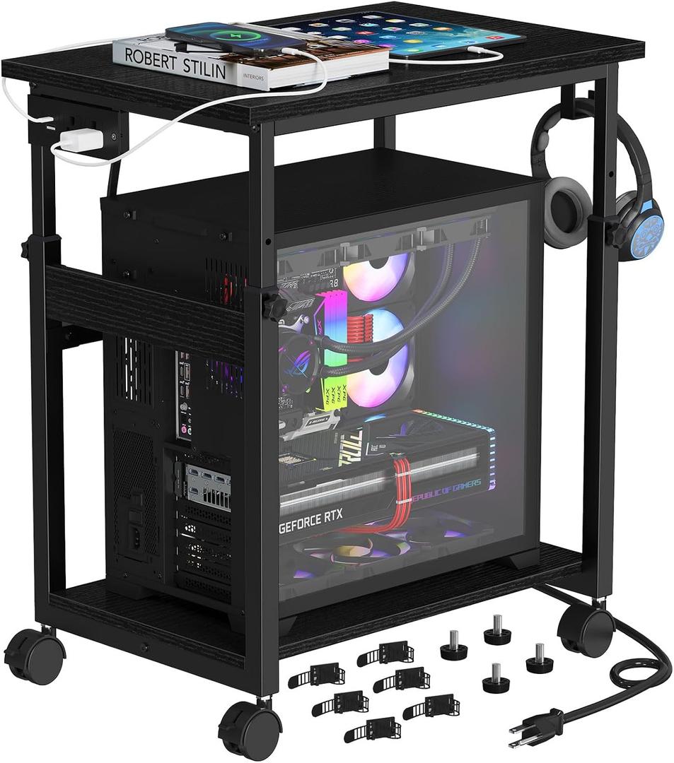 Snughome Extra-Large Computer Tower Stand with Charging Station, Adjustable PC Tower Stand for Floor 25.2"-36.22", Mobile Rolling CPU Holder Cart with Locking Wheels for Gaming Office Home