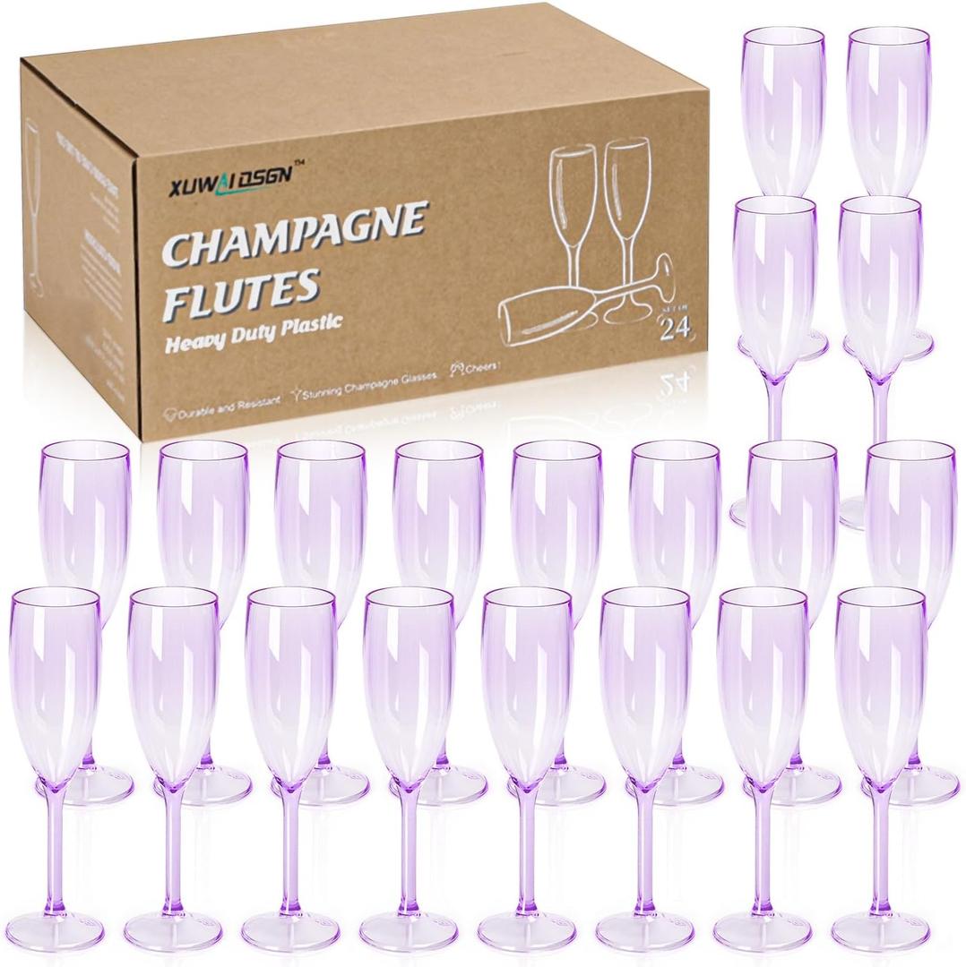 XUWAIDSGN 24 Pcs Reusable Champagne Flutes Plastic Wine Glasses Bulk Vintage Champagne Flutes Mimosa Bar Glasses Stemmed Drinking Cups 5.4OZ for Christmas Birthday Wedding Bride (Clear purple)