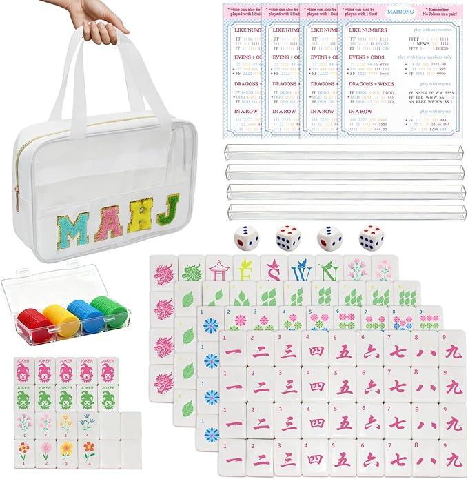 Mini Mahjong Set, American Mahjong Game Set, Complete Mahjong Tile Set with 166 White Tiles (1.2’’), 4 Tile rulers, 4 dice, 1 Bag, 100 Chips, 5 Instruction Manuals, Mahjong Game Gift for Enthusiasts