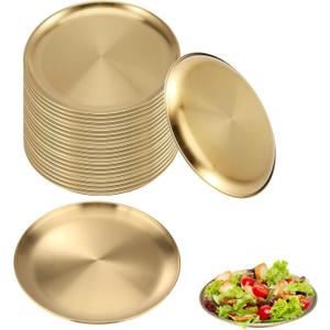 MOSIOBERDAVIAN 22 Pcs Stainless Steel Gold Plates 6.5 Inch Gold Dinner Plates Metal Serving Tray Dessert Dishes for Cakes BBQ, Salad, Snack, Desserts, Food Serving, Dips, Side Dishes Outdoor Camping