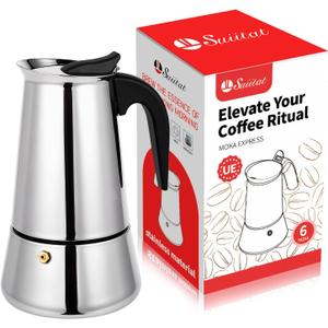 Moka Pot, 6 Cups (10.6 oz) Stovetop Espresso Maker, 304 Stainless Steel Moka Pot, Induction Compatible, Silver