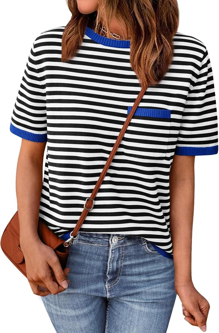 LILLUSORY Womens Striped Short Sleeve Sweater Pullover Shirts with Chest Pocket (Medium, Blue Black) LILLUSORY Womens Striped Short Sleeve Sweater Pullover Shirts with Chest Pocket (Medium, Blue Black)