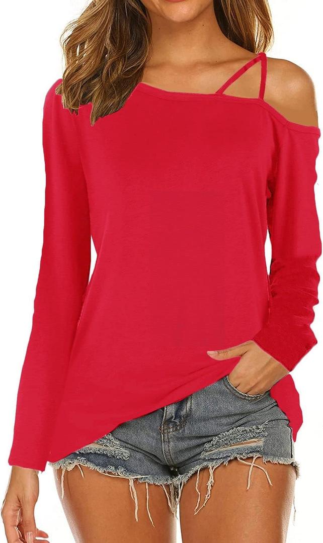 MAKARTHY Women's Cold Shoulder Tops Long Sleeve Strappy Off Shoulder Top Casual Tunic Blouse T-Shirts (XX-Large, A-red)