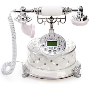 Jucoan Vintage Retro Landline Telephone, European Style Antique Old Fashioned Corded Phone Luxury Desktop Landline Telephone with Push Button LCD for Home Office Hotel Bar Decor, Elegant White