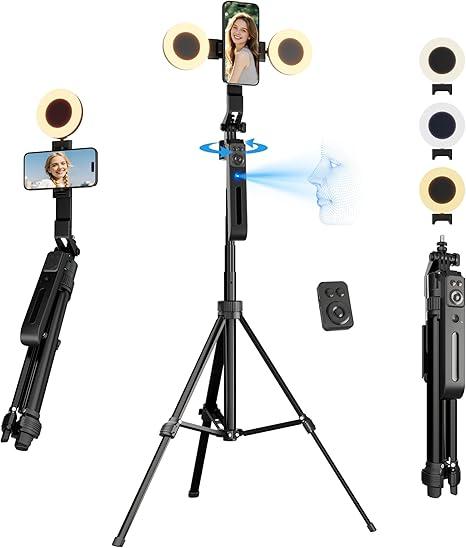 71" Auto Face Tracking Tripod for iPhone with Light, Vlogging Kit for iPhone with Gesture/Remote, 360° Rotation Phone Tripod Stand That Follows Your Movement for YouTube Live Stream/Video Recording