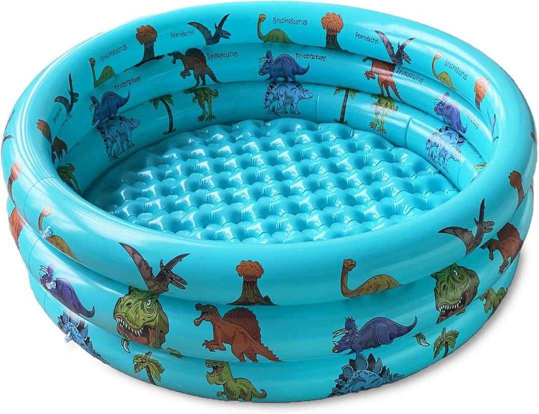 Dinosaur Inflatable Baby Pool - Small Toddler Blow Up 3 Rings Round Pad Pool, Outdoor/Indoor Play Center with Ball Pit & Toys - 48'x12'