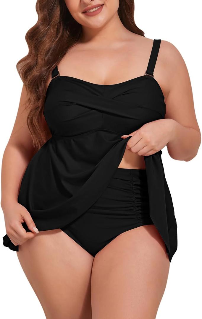 Kisscynest Women Plus Size Tankini Swimsuits Two Piece Flowy Swimdress Tummy Control Bathing Suit, 4XL (Black)