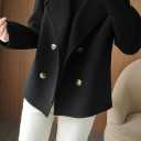 chouyatou Womens Fall Winter Casual Business Wool Blend Coat Loose Double Breasted Dressy Blazer Pea Coat (Black, XL)