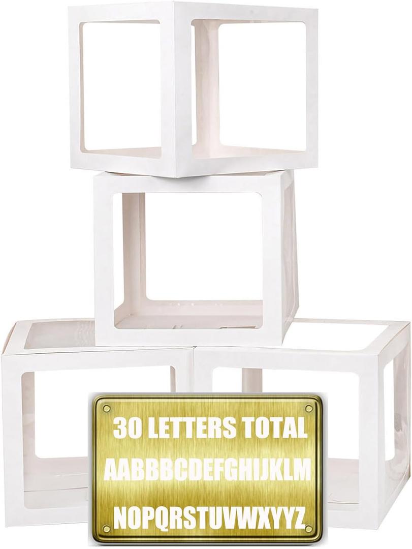 Baby Boxes with 30 PCS Letters, 4 Transparent Balloon boxes for Gender Reveal Birthday Wedding Baby Shower Decorations