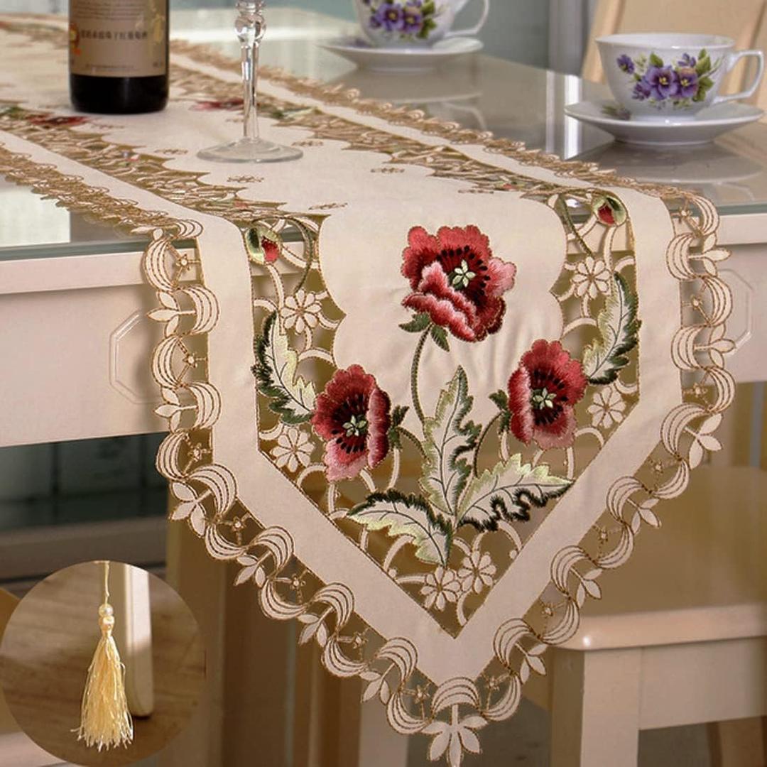 LeLehome 15 Inch X 96 Inch Classic Table Runner, Floral Lace Beige Rose Flowers Embroidered Dresser Scarf Table Top Home Dining Decoration - Rufous Flower
