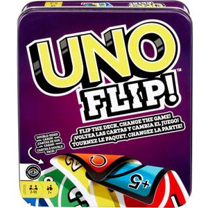 Mattel Games UNO FLIP! Card Game in Storage & Travel Tin, Color Blind Accessible Deck for Kids, Adults & Family Nights & Parties 